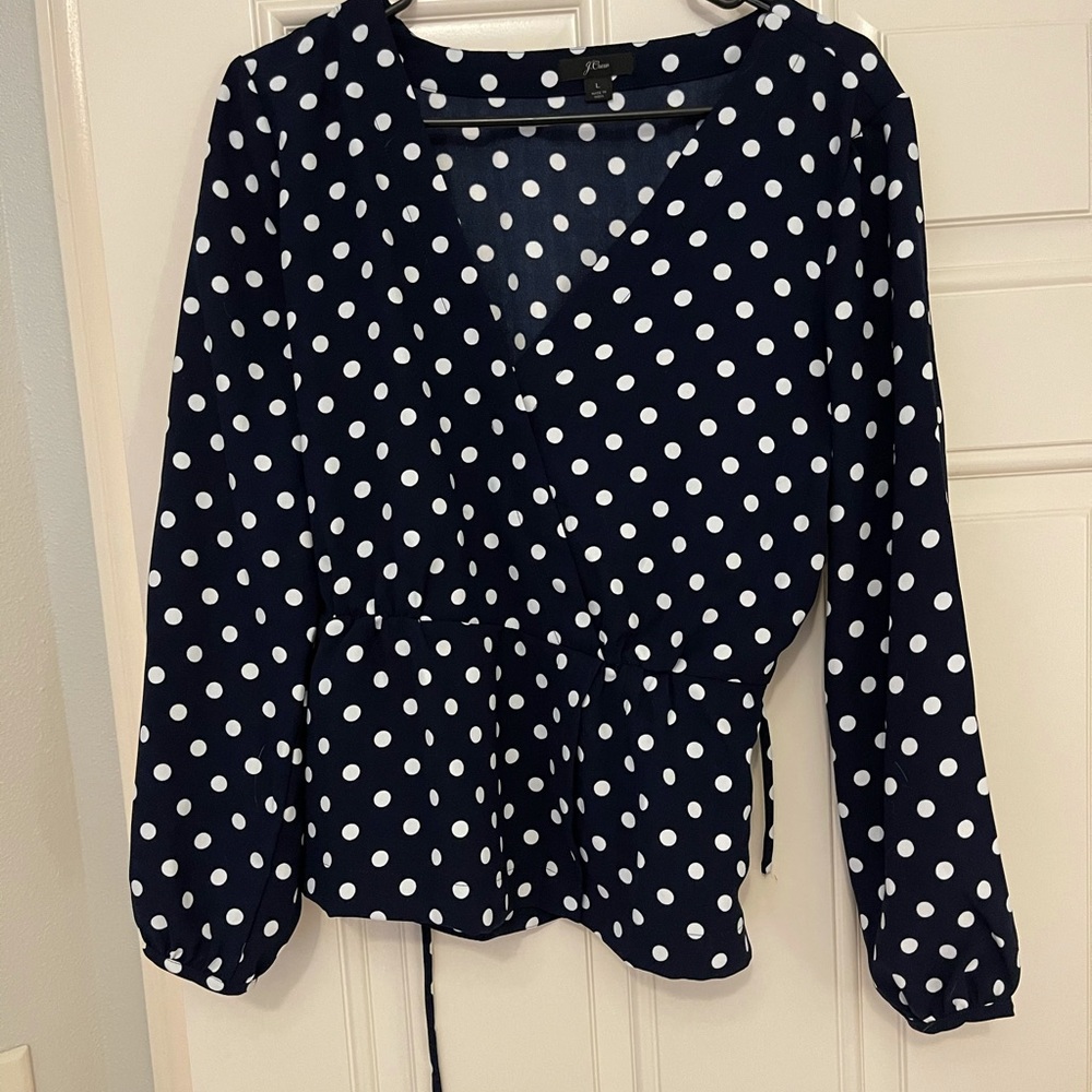 Navy blue polka dot j crew wrap blouse